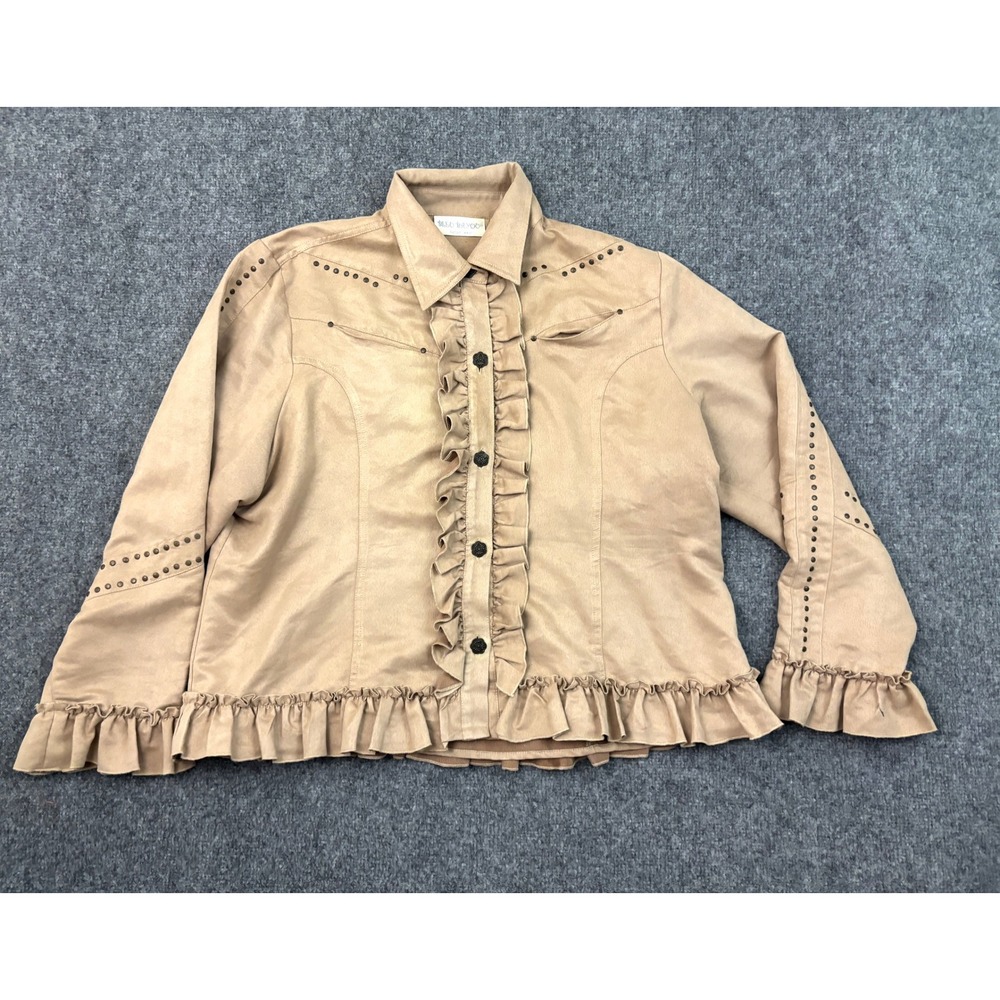 Bleu Bayou Faux Suede Western Jacket 1X Tan Studded‎ Ruffle Button Front